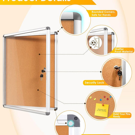 SWANCROWN Cork Board 50 x 36 cm Lockable Notice Board with Aluminum Frame