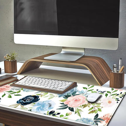 Teng DA Qing Gaming Green Desk Mat Mouse Pads Purple Blue Pink Floral Pad Large, XL Big Computer Keyboard with Stitched Edge for Women Home Office Decor Deskmat, 31.5x11.8x0.12 in (XCD-77)