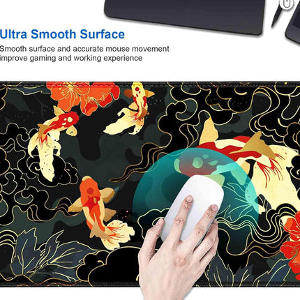 IMAYONDIA Japanese Koi Desk Mat (35.4x15.7 in), Extended Large Gaming Mouse Pad, Long Desk Pad with Stitched Edge, Black Gold Mouse Mat Desk Pad Office Accessories Decor Gift