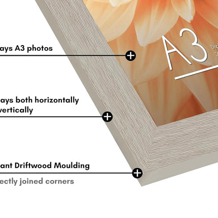 Americanflat A3 Picture Frame in Driftwood - Engineered Wood with Shatter Resistant Glass - Horizontal and Vertical Formats for Wall - 29.7x42 cm
