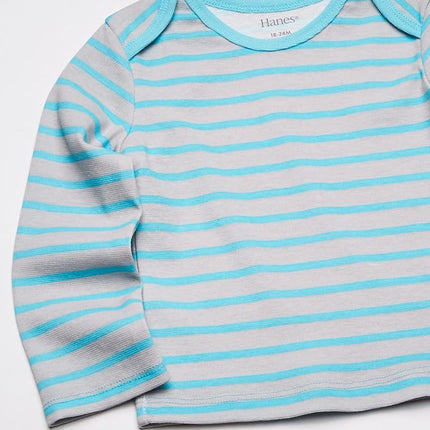 Hanes Kids T-shirt de corps à manches longues pour bébé, en tricot souple à épaules extensibles, lot de 4, rayures bleues, 0-6 mois