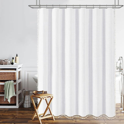 BTTN 72 x 80 Boho Famrhouse Linen Heavy Duty Cloth Shower Curtain, White