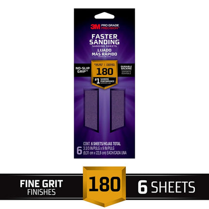 3M SHTR180-PGP-6T Pro Grade Precision Faster Sanding, Sanding Sheets, 180-Grit Fine, 3-2/3" x 9", 6-Pack