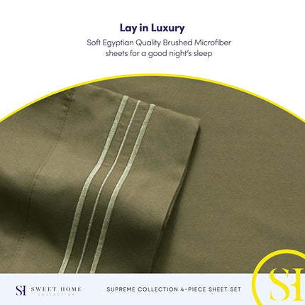 Sweet Home Collection Luxury Bedding Set with Flat, Fitted Sheet, 2 Pillow Cases, Find Double Brushed Microfiber, Olive, King