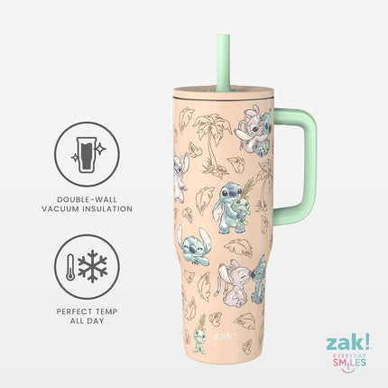 Zak Designs Disney Sutton Travel Tumbler for On The Go, 30oz Stainless Steel with Vacuum Insulation, Silicone Straw, and Carry Handle for Cold Drinks (Stitch, Angel)