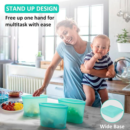 Annaklin Reusable Freezer Bags Quart Size, 4 Pack, 100% Silicone Stand Up Ziplock Reusable Silicone Food Storage Bags Sandwich Bags Containers, Freezer Microwave Oven Dishwasher Safe, Aqua, 33.8fl.oz