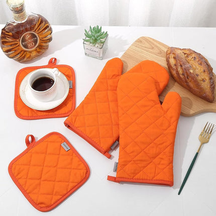 Oven Mitts and Pot Holders 4 pcs Set,High Heat Resistant 500 Degree Extra Thicken Long Kitchen Cotton Oven Glove for Cooking (12 Inch,Orange)