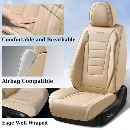 Coverado Car Seat Covers Front Seats, Car Seat Cover Beige, Car Seat Protector, Car Seat Cushion Nappa Leather, 2-Pack Waterproof Seat Covers Carseat Cover Universal Fit for Most Cars Trucks