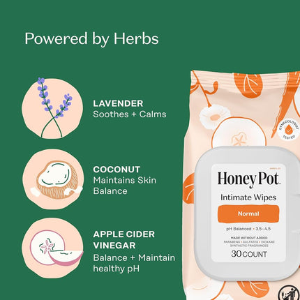 The Honey Pot Company - Normal Wipes for Intimate Parts + Body + Face - 30 Wipe(s)