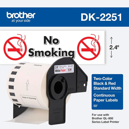 Brother Genuine DK-2251 Continuous Length Replacement Labels, Black/Red Label on White Paper Tape, Engineered with Excellence, 2.4” x 50 feet, 1 Roll per Box