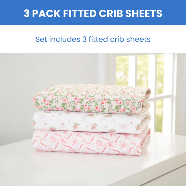Delta Children Fitted Crib Sheets for Girls and Boys - Crib Sheet for Standard Crib and Toddler Mattresses - 28x52 Inch (Pack of 3), Pink Floral