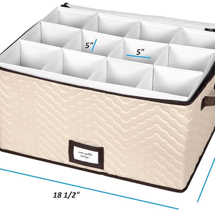Wine Glass Storage Box with Dividers - Holds 12 Standard Size Wine Glasses up to 10" Tall - Stemware Storage Case - Protects Fine China - Durable Quilted Microfiber Bin with Carry Handles