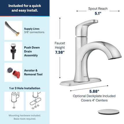 Moen Karis One-Handle Bathroom Sink Faucet, One Hole Lavatory Faucet with Drain Assembly and Optional Deck Plate, Chrome, 84346