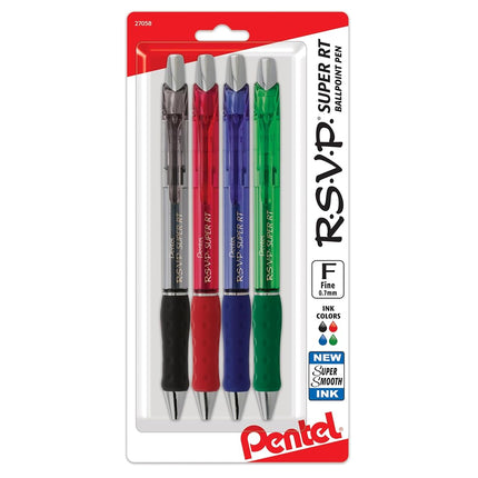 Bolígrafo Pentel RSVP Super RT, línea fina (0,7 mm), tinta surtida (ABCD), paquete de 4 - BX477BP4M