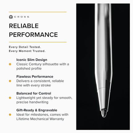 CROSS Classic Century Refillable Twist-Action Metal Ballpoint Pen, Medium Ballpoint, includes Premium Gift Box and Black Cartridge, 1 Pack, Lustrous Chrome