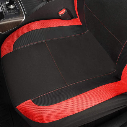Flying Banner car seat Covers Quality Carbon Fiber Air Mesh Fabric Sport Low High Back Bucket Back Pocket Arm Rest (2 Fronts - High Bucket, Red)