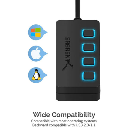 SABRENT USB Hub 4 Port USB 2.0 Portable Travel USB Docking Station with Individual LED lit Power Switches [Charging NOT Supported] for Mac & PC (HB-UMLS)