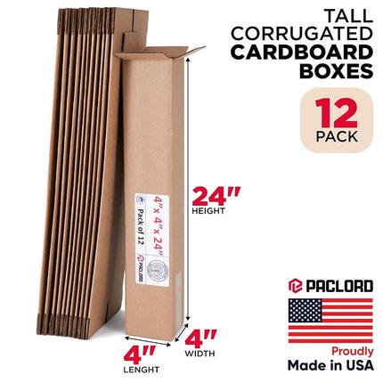 Paclord 12 Pack Large Cardboard Boxes 4" L x 4" W x 24" H - USA Made Packaging Boxes for Moving, Shipping or Storage - USPS, UPS, FedEx Approved