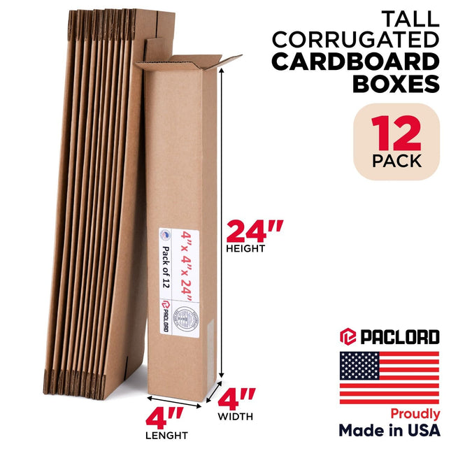 Paclord Paquete de 12 Cajas de Cartón Grandes 4" L x 4" W x 24" H - Cajas de Embalaje Fabricadas en EE. UU. para Mudanzas, Envíos o Almacenamiento - Aprobadas por USPS, UPS, FedEx
