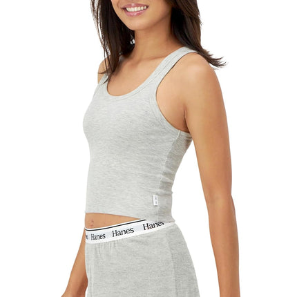 Hanes Women's Originals Rib Tank 2-Pack, Comfywear Stretch Cotton Cropped Top Pajama, Heather Grey Marle/Black, M (Pack of 2)