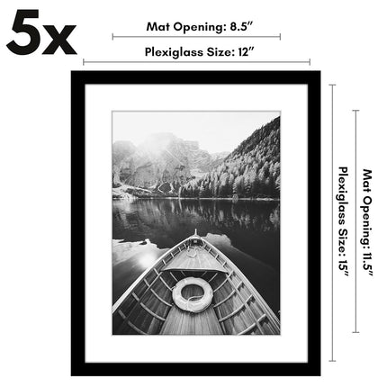 Americanflat 12x15 Picture Frame Set of 5 - Galleria Collection - Use as 9x12 With Mat or 12x15 Without Mat - Black Gallery Wall Display With Polished Plexiglass