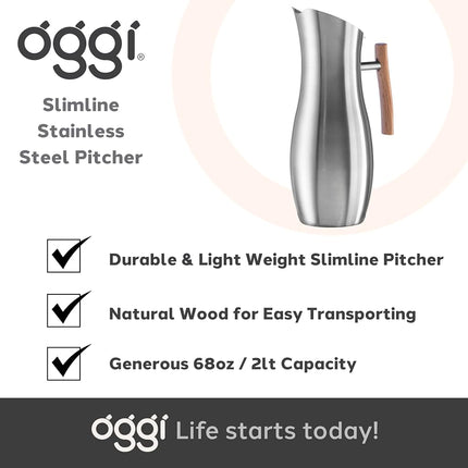 OGGI Slimline Stainless Steel Pitcher- Stainless Steel Water Pitcher w/Ice Guard, Water Carafe, Great Metal Pitcher for Entertaining, Ideal 68oz / 2 Lt Drink Pitcher