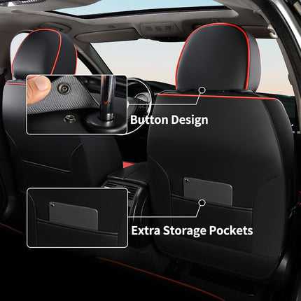 Fundas de asientos delanteros FLORICH, funda de lujo para asientos de coche con cuero impermeable, fundas de asientos de vehículos automotrices para coches, camiones, furgonetas, todoterrenos, sedanes (2 unidades, línea negra y roja)
