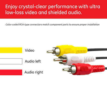 GE Composite Audio/Video Cable, 6 ft. RCA Style Plugs 3-Male to 3-Male, Low Loss, for TV, VCR, DVD, Satellite, and Home Theater Receivers, 23216