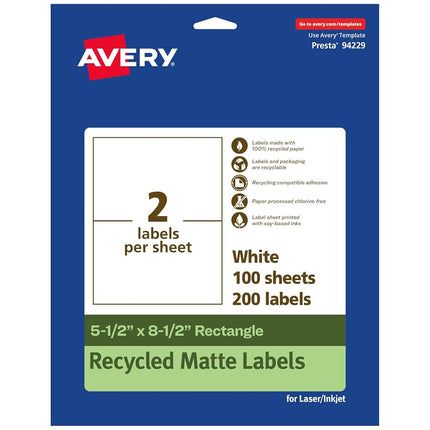 Avery EcoFriendly Matte White Recycled Rectangle Labels, 5.5" x 8.5", Matte White Labels, Permanent Adhesive, Laser/Inkjet Printable, 200 Total