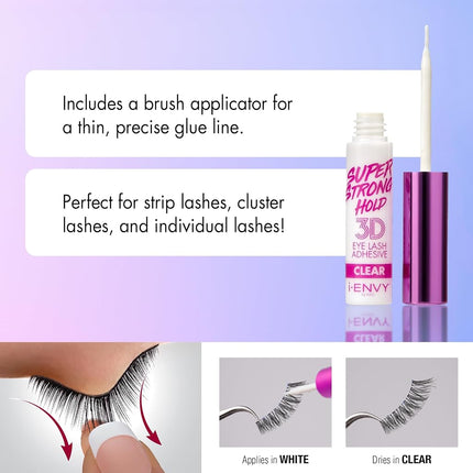 i•ENVY by Kiss Super Strong Hold 3D Strip Lash Glue (Clear), Waterproof Brush-On False Eyelash Adhesive, Latex-Free & Odor-Free, Long-Lasting & Easy Application, Ideal for Sensitive Eyes