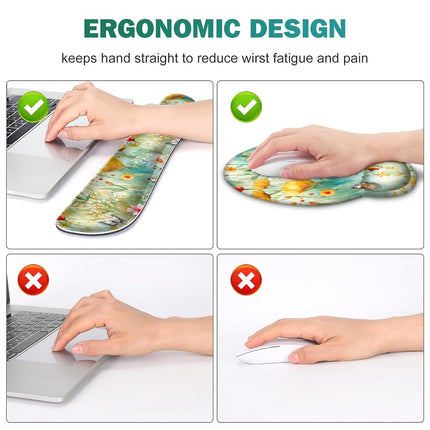 Gaming Mouse Pad, Large Desk Mat, Cute Desk Pad Protector, 4in1 XXL Mousepad + Keyboard Wrist Rest+Mouse Wrist Rest+Coaster Set with Ergonomic Desk Pad for Home Office PC Computer, Yellow Flowers