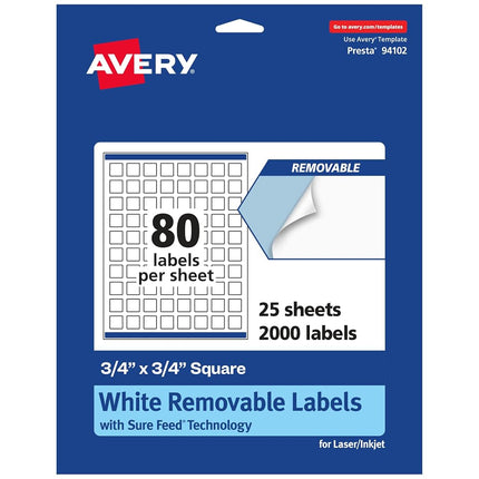 Avery Matte White Removable Square Labels with Sure Feed Technology, Print-to-The-Edge, 3/4" x 3/4", 2,000 Removable Labels, Laser/Inkjet Printable Labels