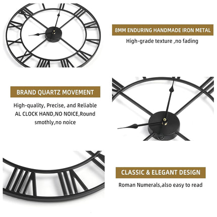 Mee 2ou Wall Clock - 47CM Non Ticking Metal Wall Clock Roman Numerals