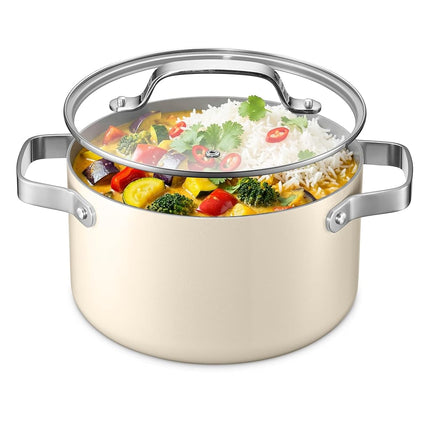 Cream 5 Quart Aluminum Stock Pot with Lid, Nonstick Ceramic Coated Boiling Pot, PTFE & PFAS Free, Oven Safe to 500�F, Riveted Stainless Steel Handles, Tempered Glass Lid, All Stove Compatible