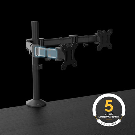 Fellowes Dual Monitor Arm - Reflex Mount for 8KG 30 inch Screens - Ergonomic Adjustable Arm Desk Mount - Tilt 45° Swivel 180° Rotation 360°, VESA 75 x 75/100 x 100 - Black