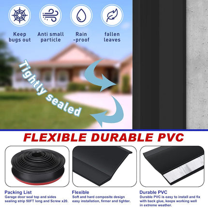 Weatherproofing Garage Door Seals Top and Sides Seal Strip PVC Garage Door Weather Stripping with Screws(Black, 50 ft)