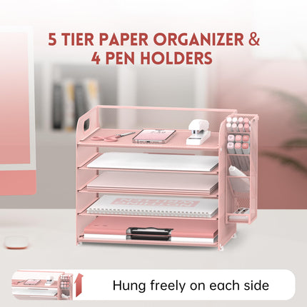 SUPEASY 5 Tier Desk Organizer with Handle & Removable Pen Holders, Mesh Paper/File Organizer for Desk, Paper Letter Tray Organizer for Office Supplies (Pink)
