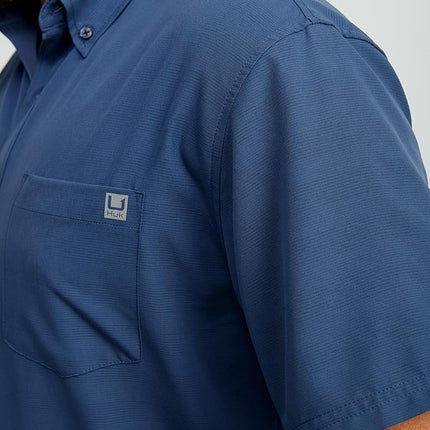 HUK Standard Kona Pattern Short Sleeve Fishing Button Down Shirt for Men, Cross Dye Stripe-Sargasso Sea