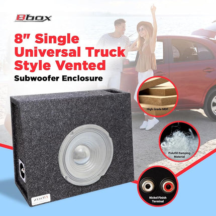 Atrend 8" Single Universal Truck Style Vented Subwoofer Enclosure - Mitered & Dado End Panels - Premium Carpeted Finish, Silver Spring-Loaded Terminal & 5/8" MDF Construction- Upgrade Your Audio Setup