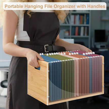 Sbanmao Letter/Legal Bamboo Acrylic File Box Organizer, Hanging File Folder Storage Boxes, Decorative Document Crate Transparent Filing Bin with Handle for Home Office Desk