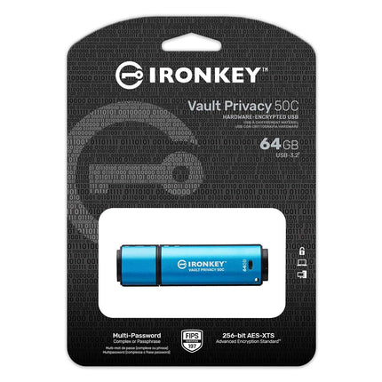 Kingston IronKey Vault Privacy 50 FIPS 197 Certified & XTS-AES 256-bit Encrypted USB TypeC Drive for Data Protection - IKVP50C/64GB
