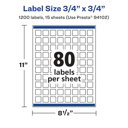 Avery Matte White Removable Square Labels with Sure Feed Technology, Print-to-The-Edge, 3/4" x 3/4", 1,200 Removable Labels, Laser/Inkjet Printable Labels