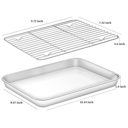 Deedro Baking Sheet with Rack Set [2 Sheets + 2 Racks], Stainless Steel Cookie Half Sheets Baking Pan Oven Tray with Cooling Rack, 10 x 8 x 1 Inch, Heavy Duty, Non-Toxic, Easy Clean