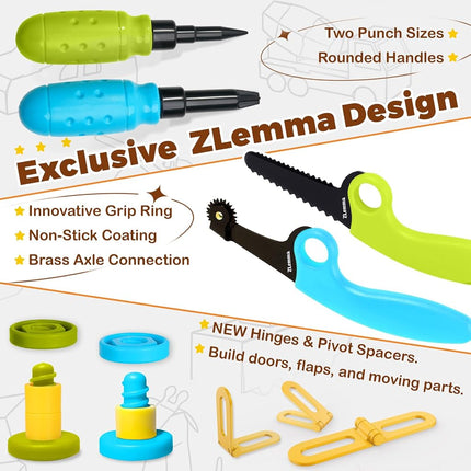ZLemma Cardboard Construction Kit - 401 PCS Kids Building Set with Safe Serrated Cutter, Crease Roller, Screws & Nuts, STEM Upcycled Tool for DIY Cardboard Projects, Engineering & Creativity