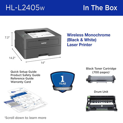 Brother HL-L2405W Compact Wireless Monochrome Laser Printer with Mobile Printing, Black and White Edition, Includes Upgrade Subscription Test (1), Amazon Dash Replenishment Ready