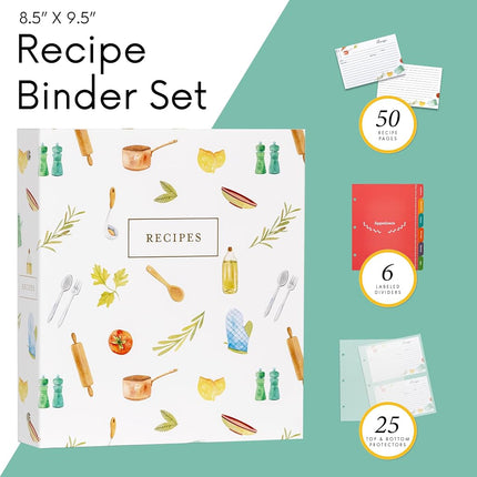 Jot & Mark 3 Ring Recipe Binder 8.5" x 11" | Full-Page with Clear Protective Sleeves and Color Printing Paper for Family Recipes (8.5"x11" Recipe Binder, Kitchen Toolkit)
