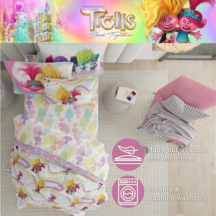 Franco DreamWorks Trolls 3 Band Together Kids 5 Piece Bedding Super Soft Reverisble Comforter and Sheet Set with Sham, Twin, (Officially Licensed Product)