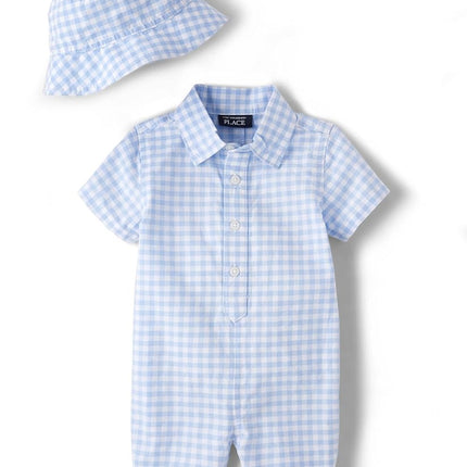 The Children's Place Baby boy and Newborn One Piece Romper and Hat, Matching Outfit, Lt Blue Ging, 9-12 Months