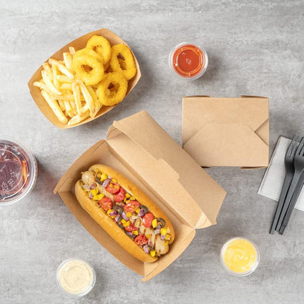 Restaurantware Hot Dog Box 100 Count 6.7 x 3.54 x 3.46 Inches Paper Kraft Rectangular Food Container Tab-Lock Sandwich Clamshell Grease-Resistant Kraft