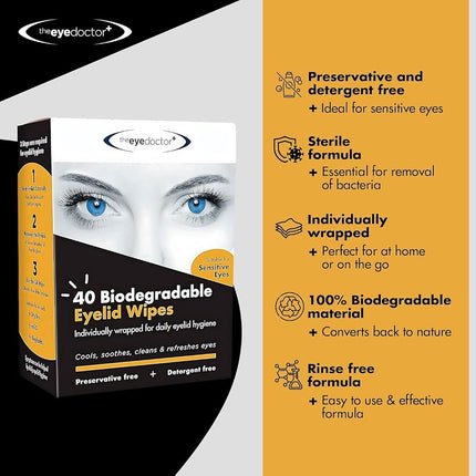 Eye Doctor Eyelid Wipes, 40 Sterile Eye Wipes for Dry Sensitive Eyes, Large